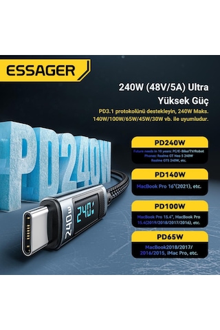 Essager Şarj Akım Korumalı Göstergeli 2mt Pd 240w Type C Şarj Kablosu 480mbps Apple Uyumlu MacBook Laptop Şarj Kablosu Desen - Ben10