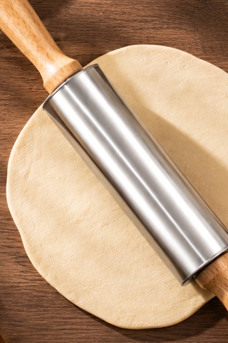 Porsima Mnb05771 Ahşap Saplı Paslanmaz Çelik Merdana Oklava Hamur Pizza Börek Açma Oklava 33cm