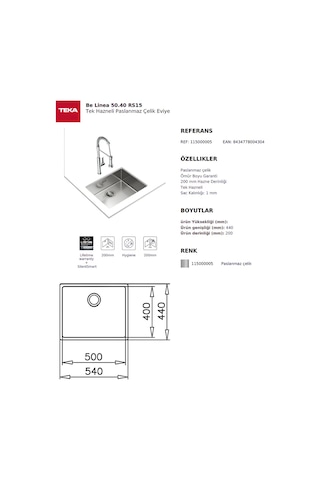 Teka Be Linea 50.40 Rs15 Tek Hazneli Paslanmaz Çelik Eviye - 115000005