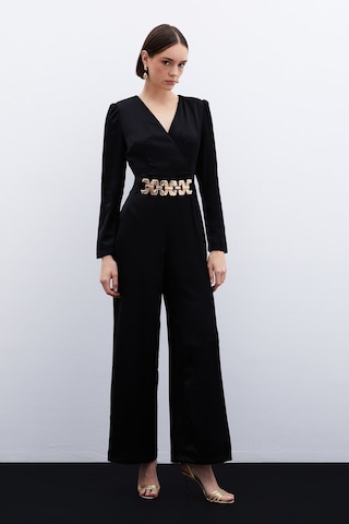 Sateen Birleşik Kemerli Saten Tulum - Siyah-136068 Siyah
