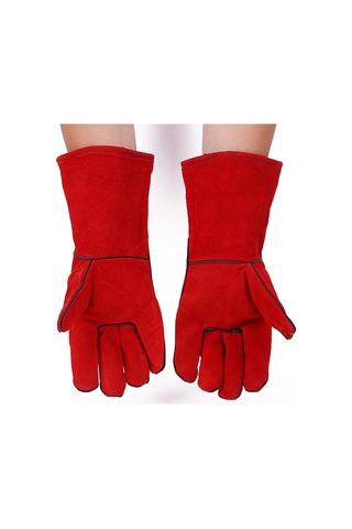 Skycity Kürk Tam Deri Uzun Ekstra Kalın Isı Dayanıklı Kaynakçı Eldivenleri - Kırmızı