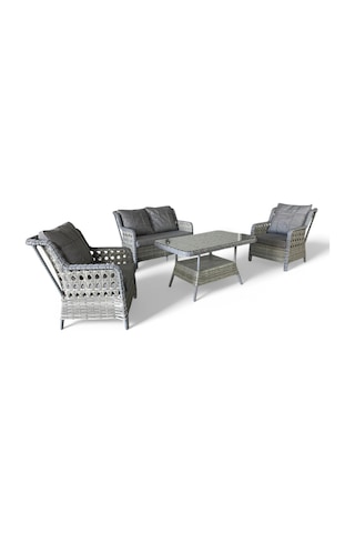 Monalin Mobilya Elite Gri 4 Kişilik 2-1-1-masa Rattan Örgü Bahçe & Balkon & Teras Oturma Grubu Minderli & Camlı & Masalı Takım Gri