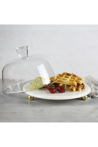 Akayev Mermer 25 CM Altın Boncuk Ayaklı Beyaz Cam Fanus