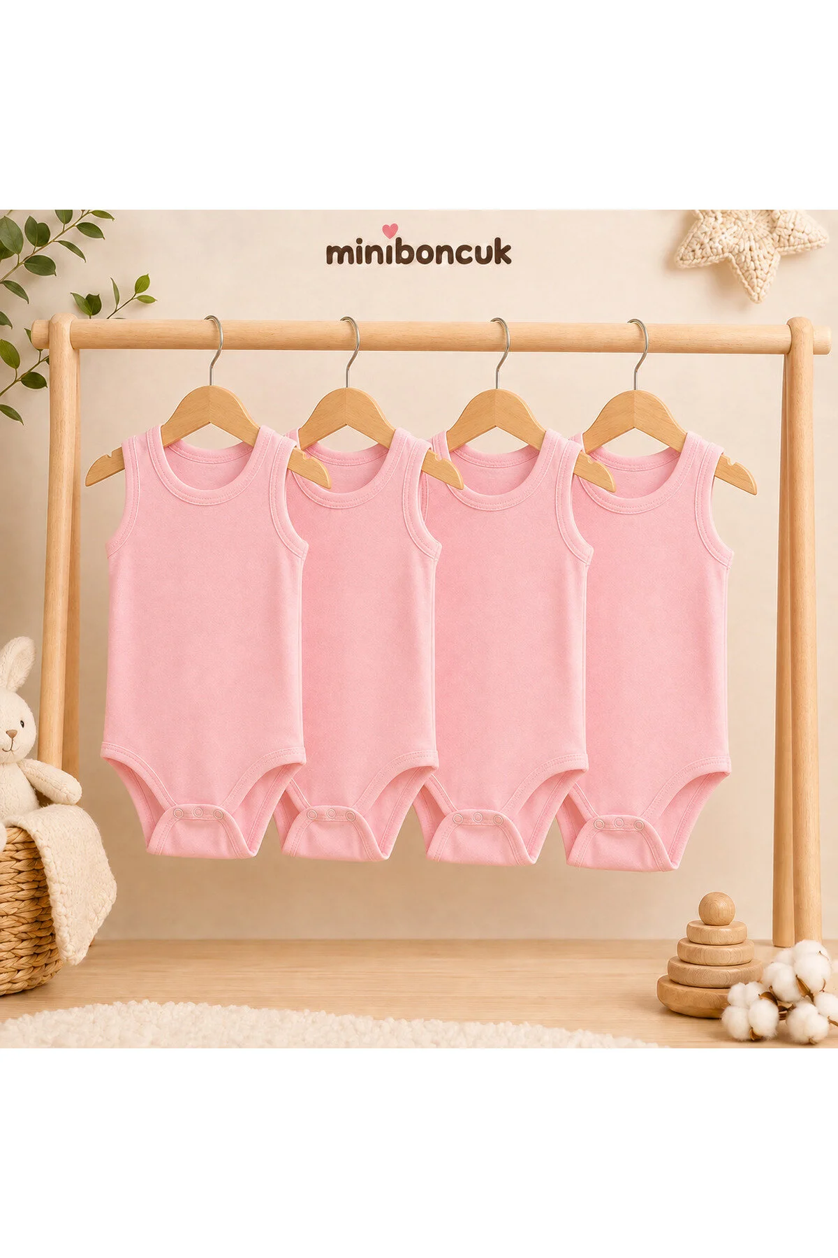 Mini Boncuk %100 Pamuk 4 Lü Pembe Askılı Bebek Body Atlet Seti