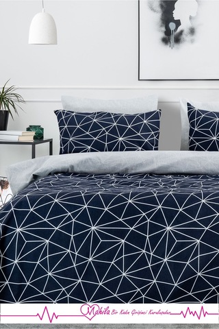 Battal Boy Lüks Pamuklu Nevresim Seti Lacivert Geometrik Desen Çok Renkli