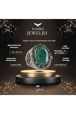 Gerçek Doğal Taş Yüzük - 925 Ayar Gümüş El Yapımı Yüzük Zümrüt Gümüş