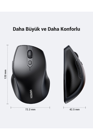Ugreen Ergonomik Sessiz Çift Modlu Bluetooth & Wireless Kablosuz Mouse, Siyah, 90395 -