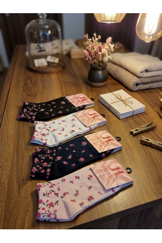 Heren Socks Heren Lastik Çiçek Detaylı 4'lü Kadın Patik Beyaz - Pembe - Siyah - Lacivert
