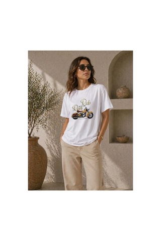 Butik İstanbul Motosiklet Baskılı Tişört Bisiklet Yaka Kısa Kol Yazlık T-shirt - Beyaz