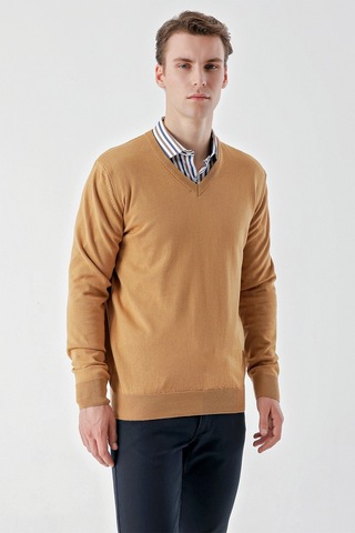 Morven Erkek Camel Basic V Yaka Dynamic Fit Rahat Kesim Triko Camel
