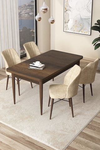 Canisa Concept Arp Serisi 70x110 Sabit Mutfak Masası Takımı Barok Desen Masa 4 Krem Sandalye Masa Barok/ Sandalyeler Krem