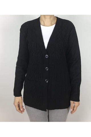 Önü Düğmeli Cepli Yünlü Kısa Anne Hırka Siyah