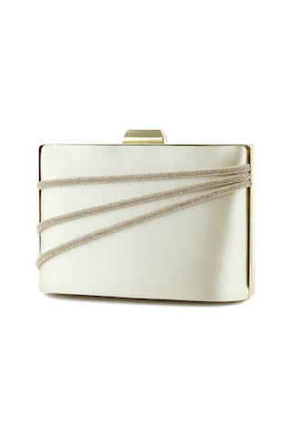 Erkan Saçmacı Ten Saten Taşlı Altın Metal Saplı Zincir Askılı Abiye Çanta Ten