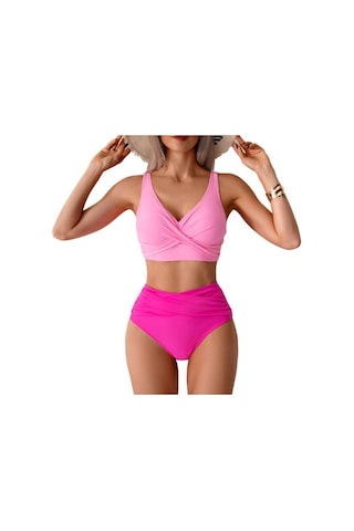 2 Adet/set Kadın Bikini Seti Derin V Yaka Dolgulu Telsiz Sütyen Yüksek Bel Yüzme Şortu Seti Düz Renk Yırtmaçlı Tasarım Plaj Giyim Pembe