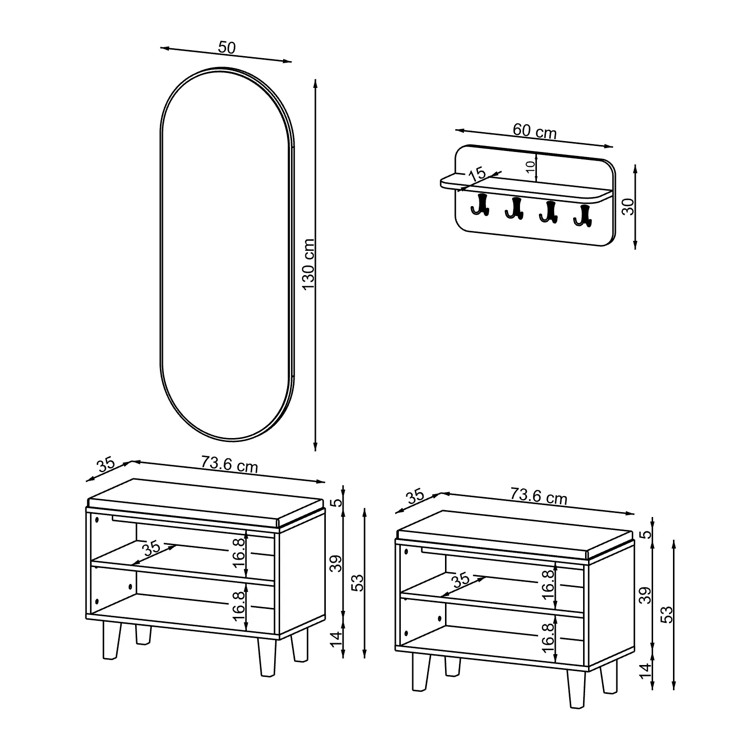 Nord Vestiyer Takımı Askılıklı, Modüler, Bench, Oval Aynalı Portmanto Takımı Beyaz