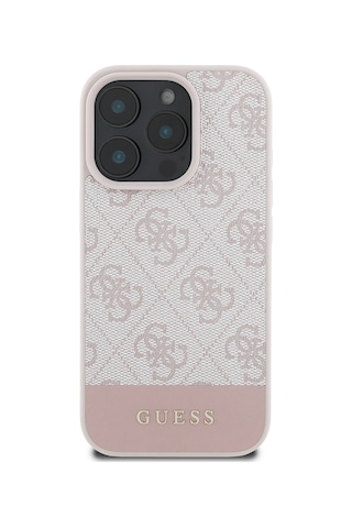 Apple Uyumlu iPhone 16 Pro Max Kılıf Guess Lisanslı Pu Deri Şerit Logo Dizaynlı Kapak Pembe