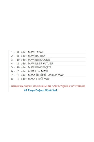 Mavi Masa Örtüsü, Mavi Masa Eteği, 2 Mavi Arka Fon, 8 Mavi Tabak, 8 Mavi Bardak, 8 Mavi Mısır Kutusu, 10 Çatal, 10 Peçete