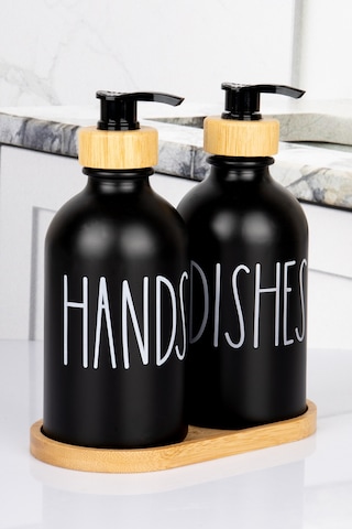 2'li Doğal Bambu Pompalı Bambu Altlıklı Deterjanlık 350 Ml Oval Cam Siyah
