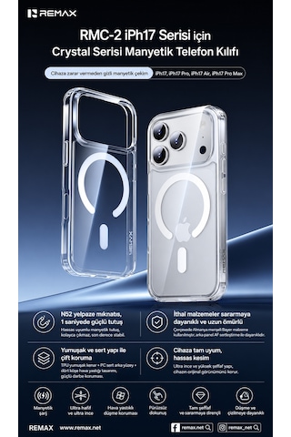 Remax Crystal Series Apple iPhone 17 Air Magsafe Uyumlu Kristal Şeffaf Kılıf Darbe Emici Bayer Silikon Rmc-2