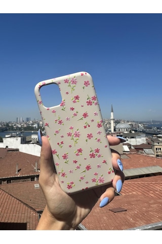 İphone Se 3.nesil 2022 Uyumlu Pembe Çiçekler Tasarımlı Telefon Kılıfı - Krem