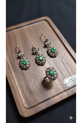 Zümrüt, Lal Ve Zirkon Karışımlı Gümüş 3 Lü Oval Set Bronz
