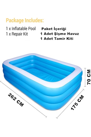 262x175x70cm Şişme Havuz 3 Katmanlı Büyük Boy Dikdörtgen Yüzme Havuzları Aile Ve Çocuklar İçin Tatil Şişme Havuzu Açık Mavi