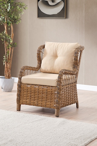 Paris Rattan Puflu Bahçe Balkon Takımı 3+1+1 Cam Masalı Kahve Kahverengi