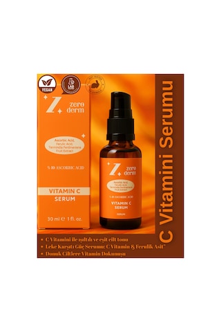 Alkolsüz Leke Karşıtı Aydınlatıcı Vitamin C Serum Ascorbic Asit, Ferulic Asit 30 Ml