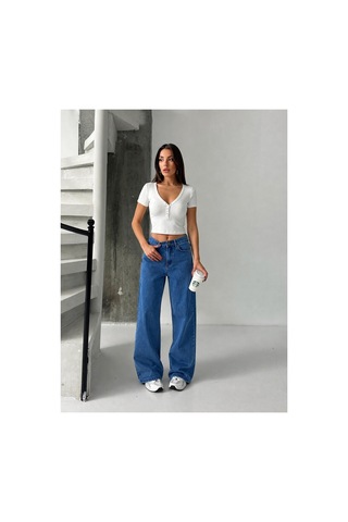 Bluemarlin Mavi Yüksek Bel Likralı Boyfriend Bol Paça Kot Pantolon Mavi