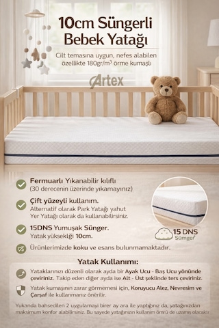 10Cm Süngerli Bebek Çocuk Beşik Yatağı  60x120 Yıkanabilir Kılıflı Park Yatak Oyun Parkı