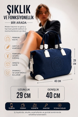 Genel Markalar Kadın Lacivert El Ve Omuz Çantası 40x29 Cm Geniş Hacimli Günlük Seyahat Ve İş Çantası