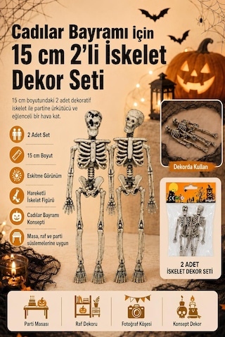 Halloween Cadılar Bayramı 15 Cm 2'li İskelet Dekor Seti Hareketli Eskitme Görünümlü Süs