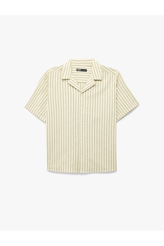 Koton Regular Fit Kısa Kollu Pamuklu Devrik Yaka Çizgili Gömlek Haki Çizgili 6sam60010hw