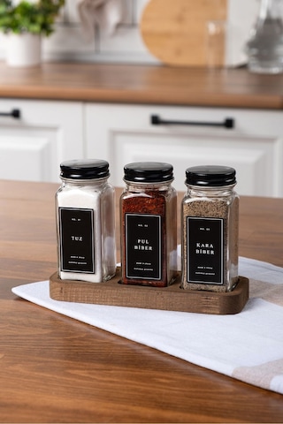 Mienda Home 3'lü Ahşap Standlı Cam Baharatlık Seti Siyah Kapaklı Etiketli Baharatlık Mh01syh03 Siyah - Şeffaf