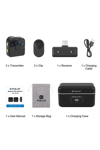 Puluz 8 Pin Manyetik Yaka Kablosuz Mikrofon, Şarj Kutulu