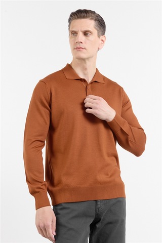 İmza Kiremit Polo Yaka Cepsiz Comfort Fit Classic Pamuklu Triko Kazak 1012255155