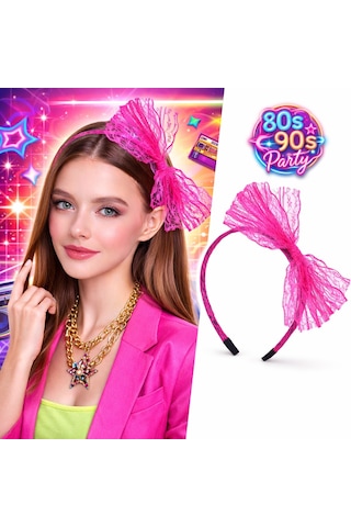 Lunaev 80 Ler 90 Lar Neon Pembe Dantel Taç Fiyonklu Diğer Saç Aksesuarları 0