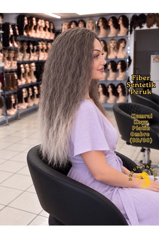 Afro Dalgası Peruk Fiber Sentetik Küllü Kumral Arası Işıltılı Platin Ombre