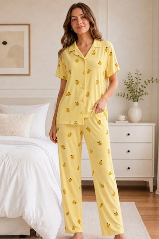 Northcity Sarı Limon Desenli Kısa Kollu Gömlek Yaka Milan Kumaş Kadın Pijama Takımı