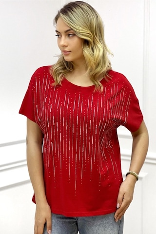 Rich Glam Bol Kesim Bisiklet Yaka Büyük Beden Crystal Taşlı Kadın T-shirt Kırmızı