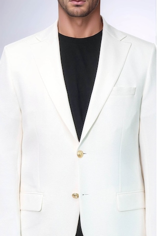 Ekru Kedinden Desenli Örme Altın Renk Metal Düğmeli Slim Fit Erkek Blazer Ceket - Wessi Blue