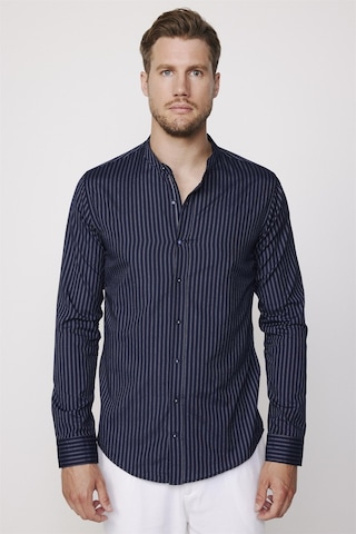 Tudors Slim Fit Hakim Yaka Pamuklu Kolay Ütü Çizgili Lacivert Erkek Gömlek-27734-lacivert Lacivert