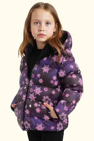 Kız Çocuk Pusula Desen Polar Su Ve Rüzgar Geçirmez Kapüşonlu Şişme Kışlık Mont Mor