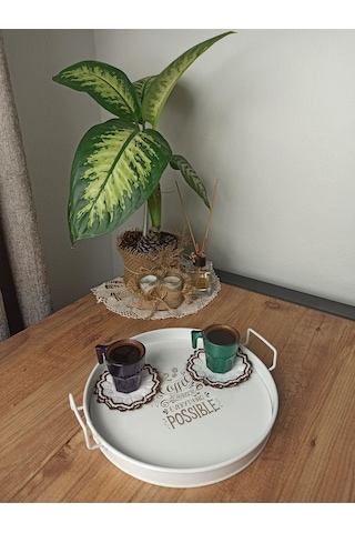 Metal Sunum Tepsi.çay Kahve Pasta Tatlı Servis 27 Cm Beyaz Metal