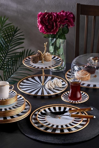 34 Parça Iwon Black Bird Altın Yaldızlı 6 Kişilik Pasta Çay Servis İkram Takımı-4797 Çok Renkli