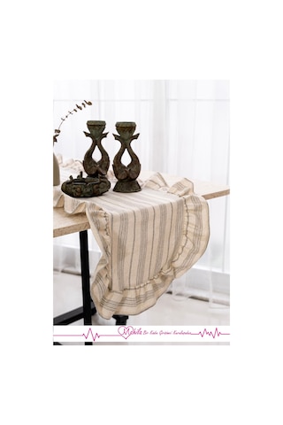 Siyah Süprem Çizgili 40x125 Şık Tasarım Ekstra Büyük Fırfırlı Runner, %100 Keten Runner Bej