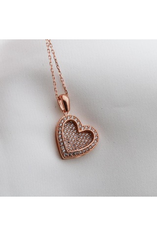 Kişiye Özel Kalp Zirkon Taşlı Rose Gold Kaplama İsim Yazılabilir Kolye Gümüş