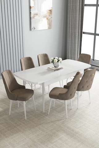 Zümra Serisi, Beyaz 80x132 Açılabilir Mdf Mutfak Masası Takımı 6 Adet Sandalye, Cappucino