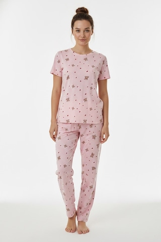 Kompedan Kadın Bisiklet Yaka Yumuşak Dokulu Ayıcık Desenli Kısa Kol Pijama Takım Pembe 70132-4603