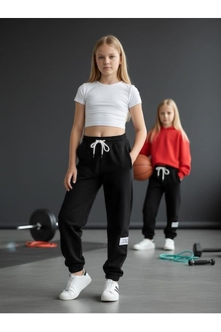 Kız Çocuk Yanları Kaşkorse Şalvar Kesim Tasarım Eşofman Altı-16486 Siyah